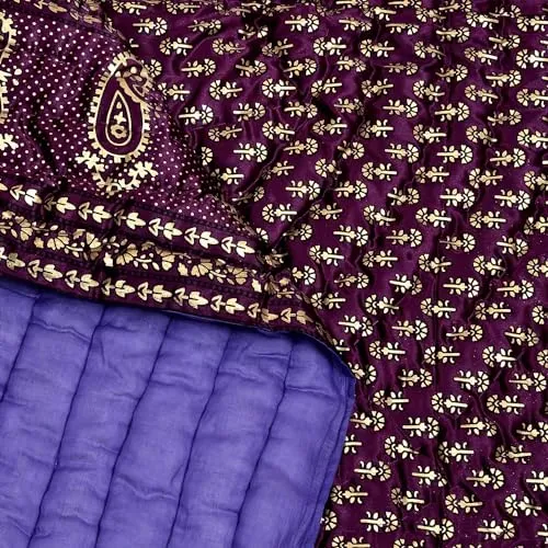 Ahnef Furnishing Jaipuri Beautiful All Over Floral Print Silk Rajai/Ac Quilt/Comforter |Gold Purple Butti Print | Soft & Lightweight | Purple (90x105 Inches)