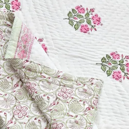 Ahnef Furnishing Original Pure Cotton Jaipuri Razai Hand Block Pink Flower Green Tree Print Reversible Comforter Lightweight AC Quilt Summer and Winter Bedding Bed Blanket Double Bed 90X108