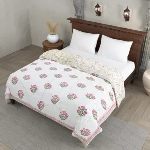 Ahnef Furnishing Original Pure Cotton Jaipuri Razai Hand Block Pink Flower Green Tree Print Reversible Comforter Lightweight AC Quilt Summer and Winter Bedding Bed Blanket Double Bed 90X108