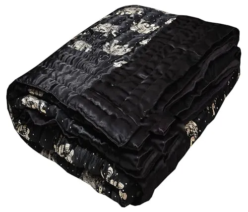 Ahnef Furnishing Rajasthani Cotton Filled Light Weight Silk Double Bed Soft Jaipuri AC Quilt Razai Dohar Animel Design with Gold Print Blankets for Home Queen Size 85 X 100 (Black Elephant)