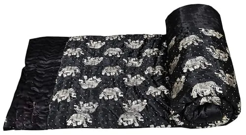 Ahnef Furnishing Rajasthani Cotton Filled Light Weight Silk Double Bed Soft Jaipuri AC Quilt Razai Dohar Animel Design with Gold Print Blankets for Home Queen Size 85 X 100 (Black Elephant)