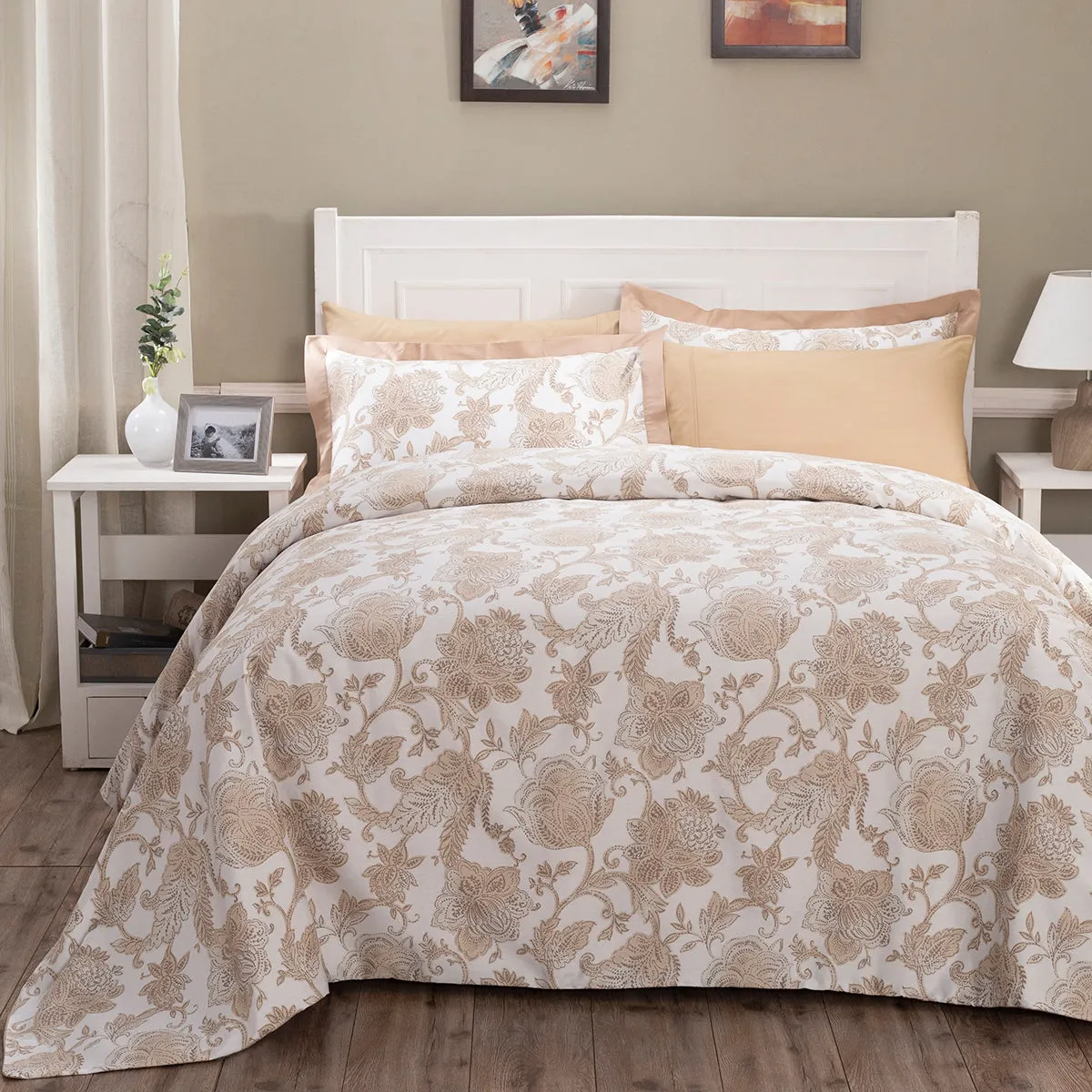 Art Nouveau Mabel Neutral Plain & Printed Reversible 100% Cotton Super Soft Duvet Cover with Pillow Case