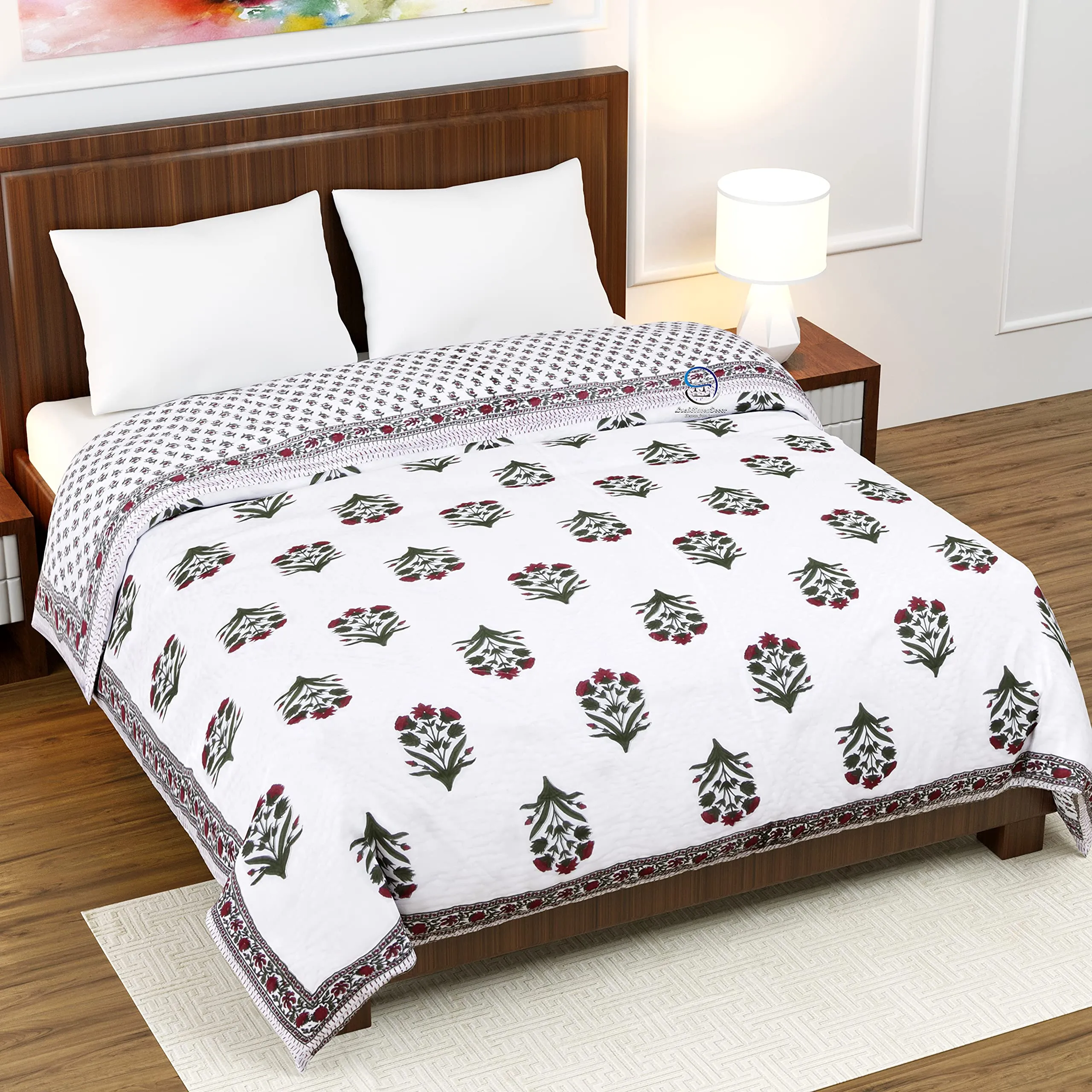 AUROSTYLE 400 TC Jaipuri Light Weight Pure Cotton Traditional Hand Block Big Flower Print Double Bed Quilt/Razai/Rajai (White & Green, 90 x 108 Inches, Double Bed)