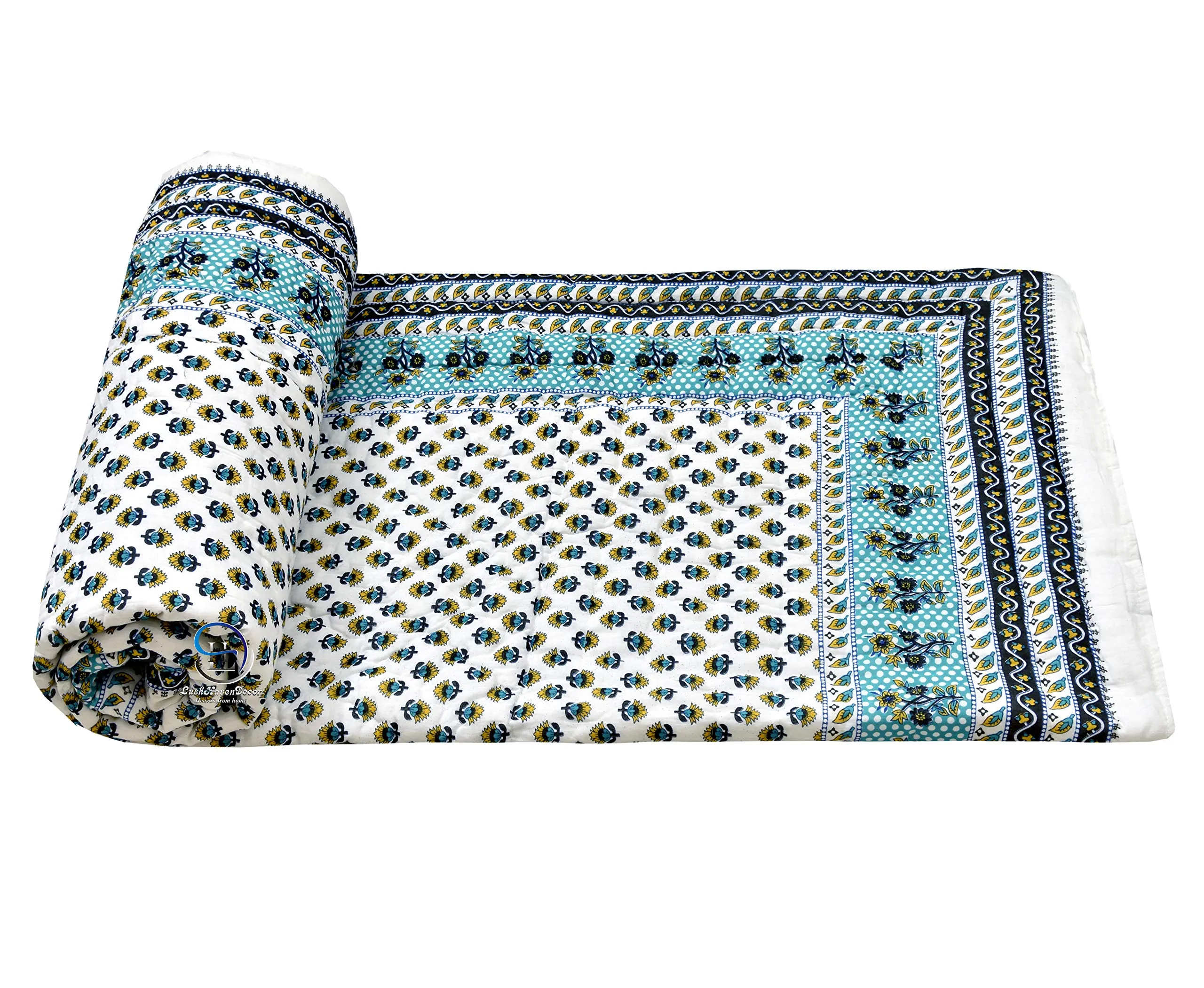 AUROSTYLE 400 TC Jaipuri Light Weight Pure Cotton Traditional Rajasthani Print Single Bed Quilt/Razai/Rajai (Indigo Green, Single Bed, 85 x 55 Inches)