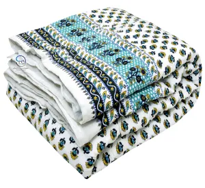 AUROSTYLE 400 TC Jaipuri Light Weight Pure Cotton Traditional Rajasthani Print Single Bed Quilt/Razai/Rajai (Indigo Green, Single Bed, 85 x 55 Inches)