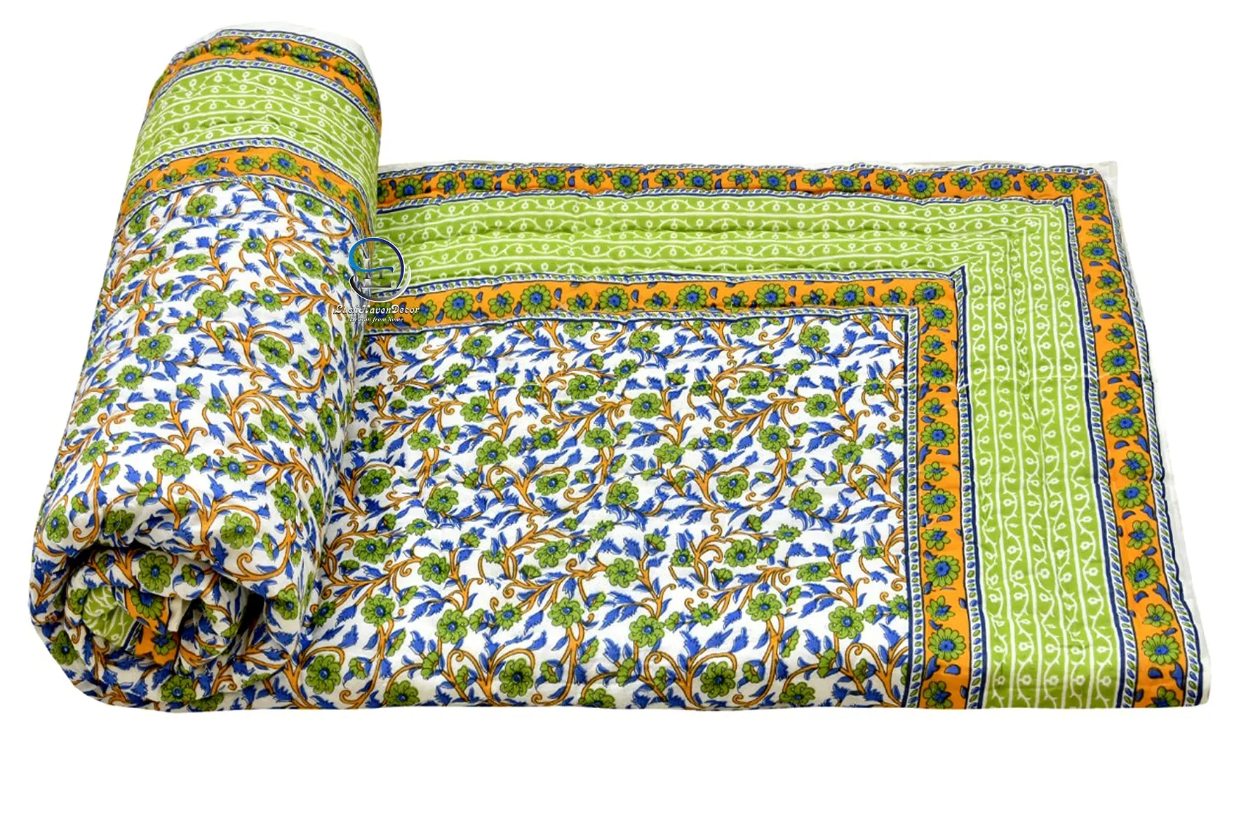 AUROSTYLE 400 TC Jaipuri LightWeight Pure Cotton Traditional Rajasthani Print Olive Green Colour Single Bed Quilt/Razai/Rajai ( Olive Greenl, Floral Print, Single Bed, breathable, Pack of 1)