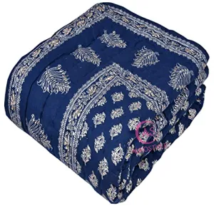 AUROSTYLE 400 TC Light Weight Pure Cotton Jaipuri Traditional Floral Design with Gold Print Double Bed Jaipuri Quilt/Razai/Rajai (Blue, Double Bed (90 x 105 Inch))