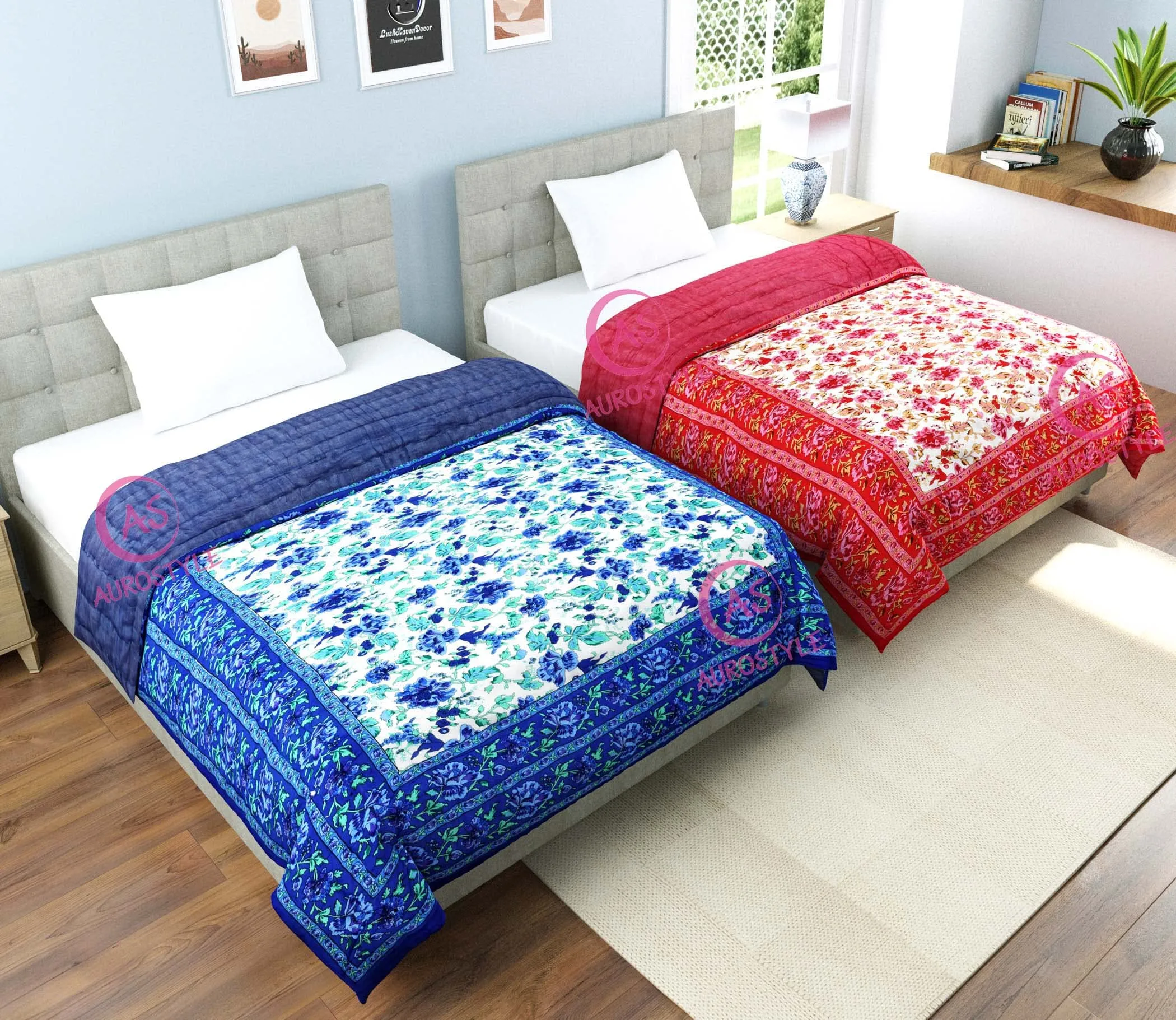 AUROSTYLE 400 TC Pure Cotton Jaipuri Light Weight Traditional Rajasthani Print Single Bed Quilt/Razai/Rajai (Design 10, Single Bed - Set of 2 Combo Set)