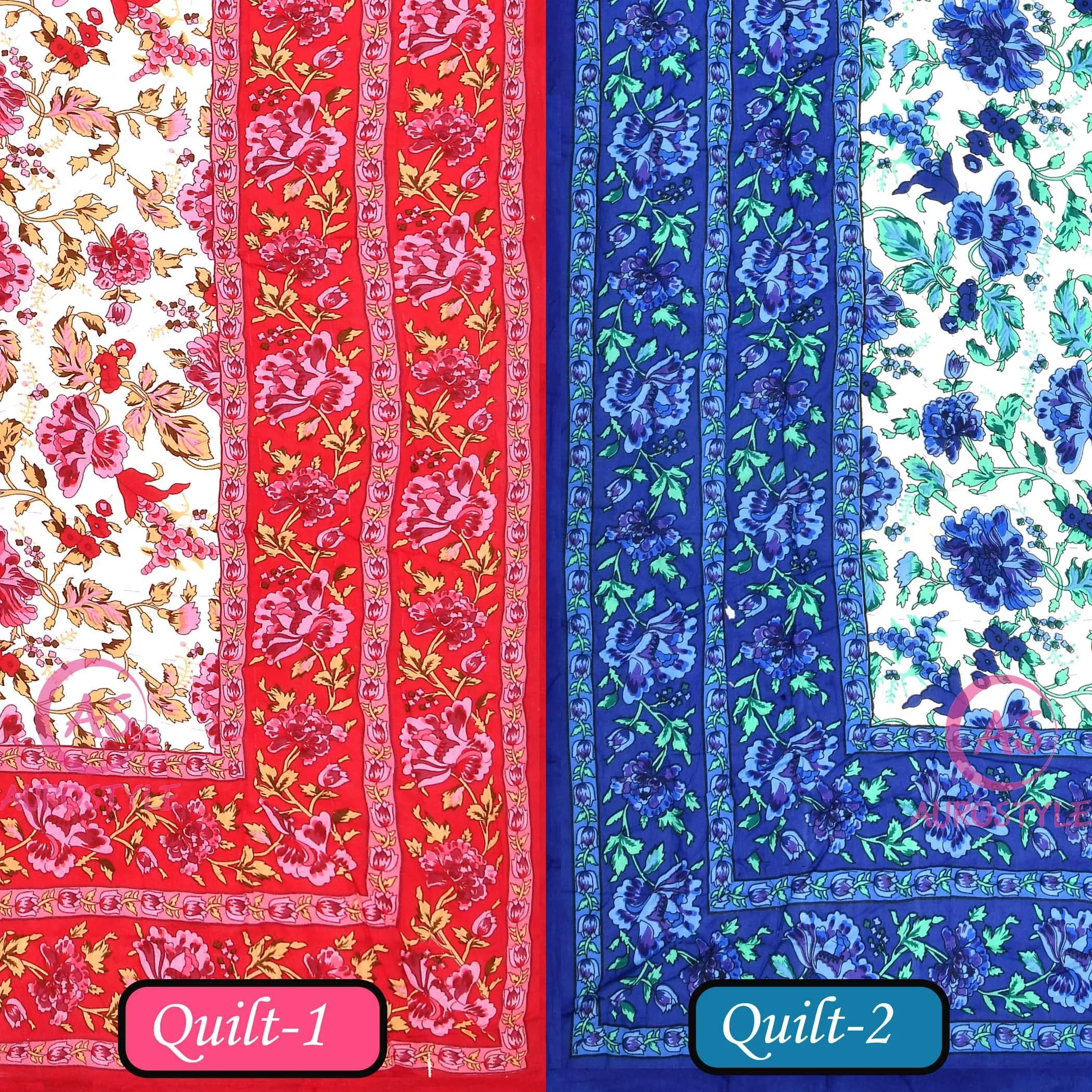 AUROSTYLE 400 TC Pure Cotton Jaipuri Light Weight Traditional Rajasthani Print Single Bed Quilt/Razai/Rajai (Design 10, Single Bed - Set of 2 Combo Set)