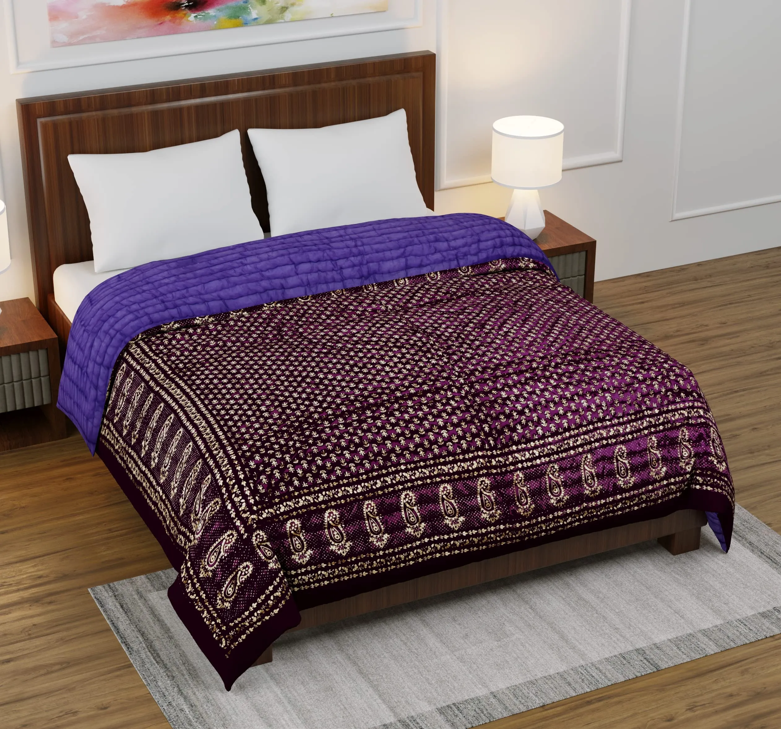 AUROSTYLE 400 TC Silk Fabric Jaipuri Razai Rajasthani Traditional Filling Pure Cotton Light Weight Winter and Summer Rajai Jaipuri Quilt Throw Blanket (Purple, Double Bed - 85 inch x 100 inch)