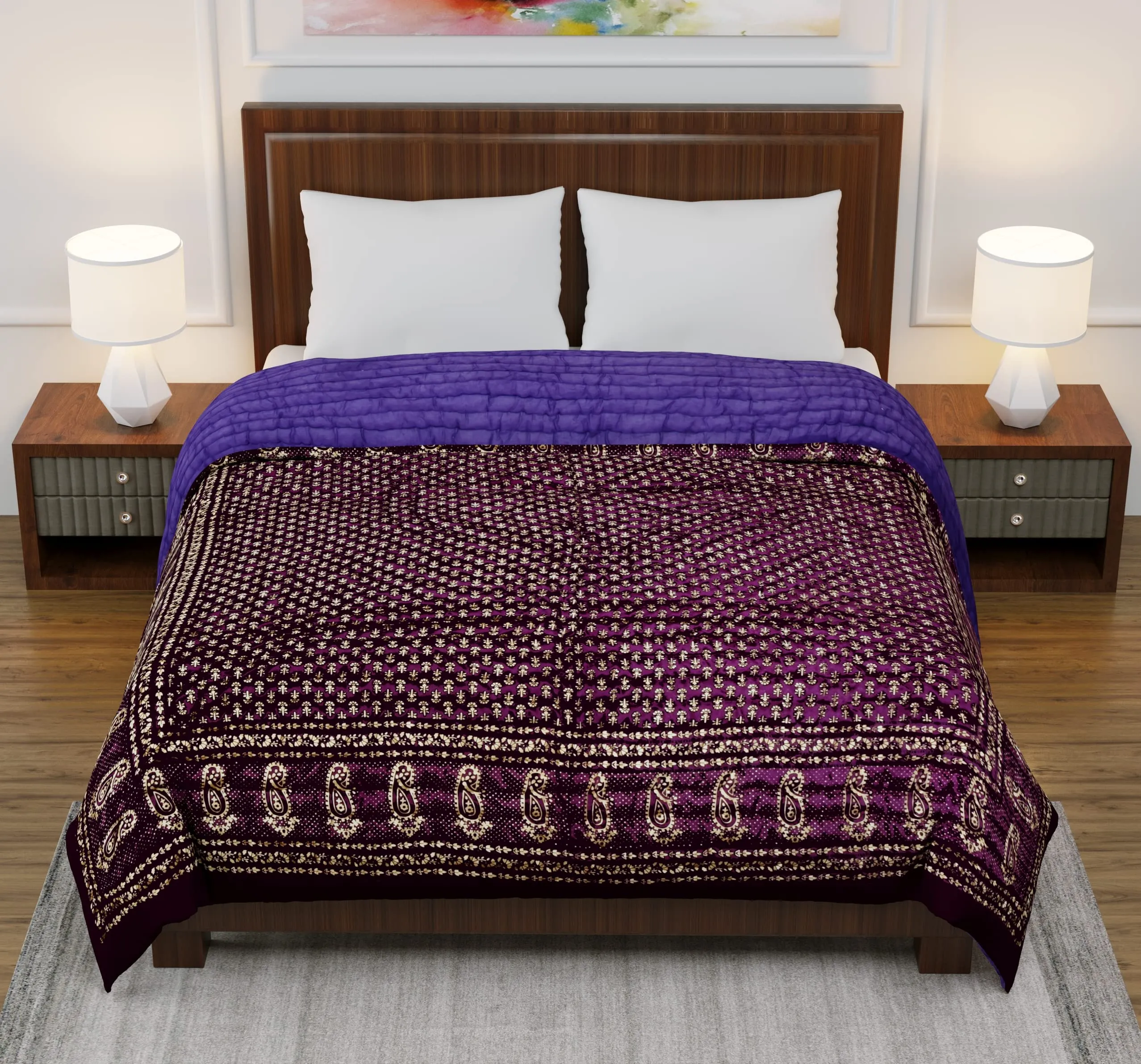 AUROSTYLE 400 TC Silk Fabric Jaipuri Razai Rajasthani Traditional Filling Pure Cotton Light Weight Winter and Summer Rajai Jaipuri Quilt Throw Blanket (Purple, Double Bed - 85 inch x 100 inch)