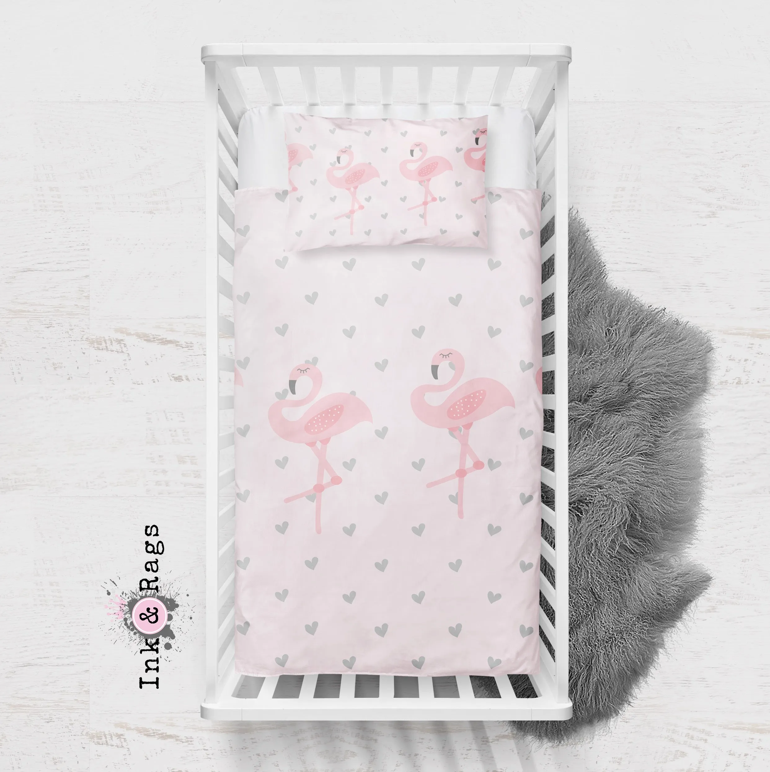 Baby Pink Marching Flamingo Heart Crib and Toddler Bedding Collection