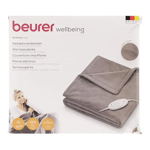 Beurer HD 75 Electric Blanket, Cuddly Heat Blanket with 6 Temperature Levels, Safety System and Automatic Shut-Off, Machine Washable, Taupe