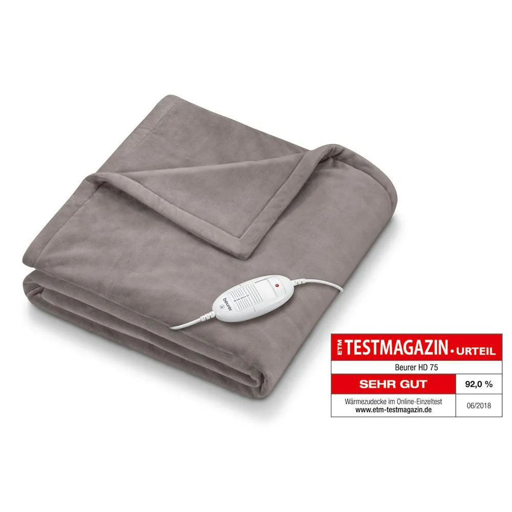 Beurer HD 75 Electric Blanket, Cuddly Heat Blanket with 6 Temperature Levels, Safety System and Automatic Shut-Off, Machine Washable, Taupe