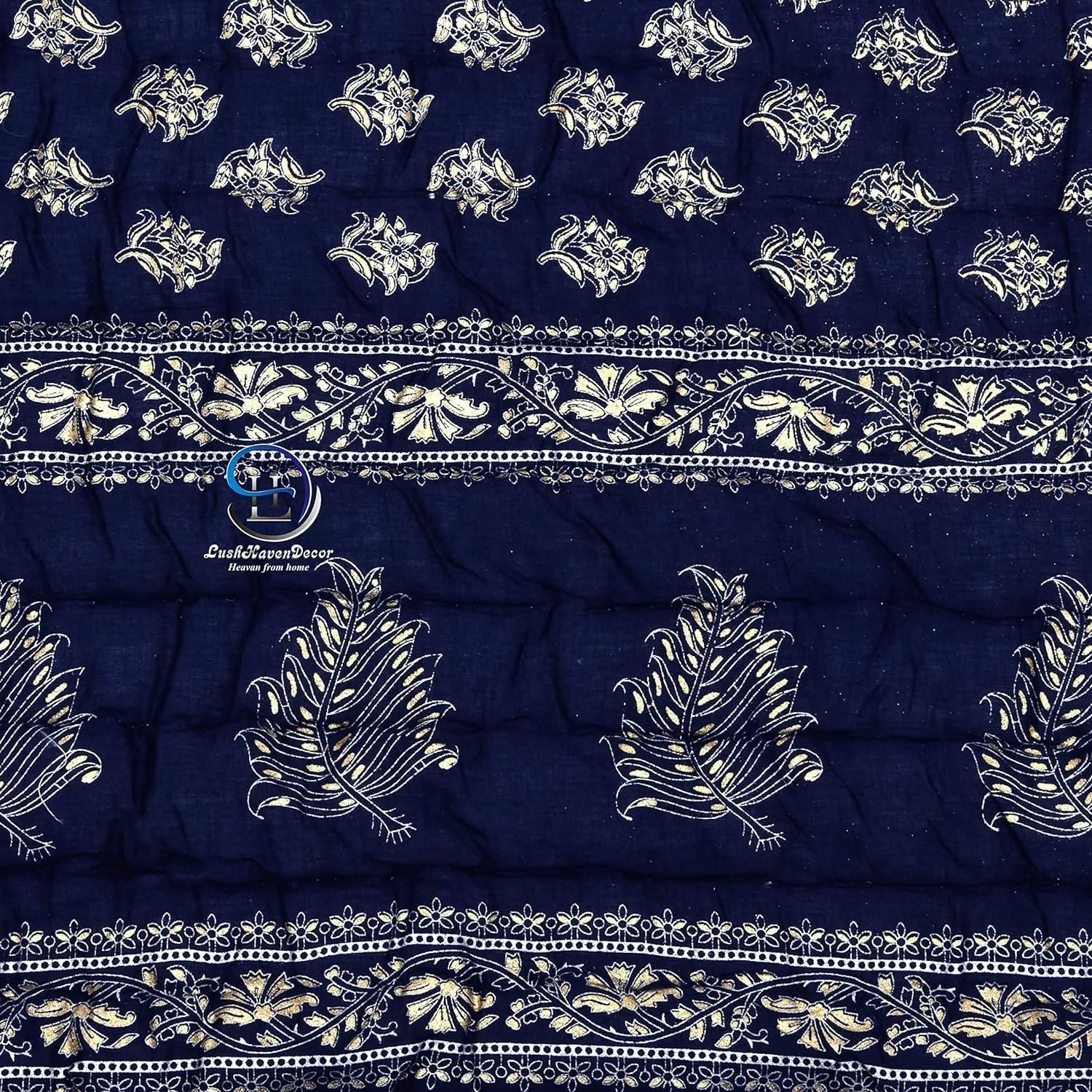 BLOCKSOFJAIPUR 400 TC Jaipuri Razai Light Weight Pure Cotton Traditional Floral Silver Golden Print Design with Gold Print Single Bed Quilt/Rajai (Blue with Daie Gold Print, Single Bed)