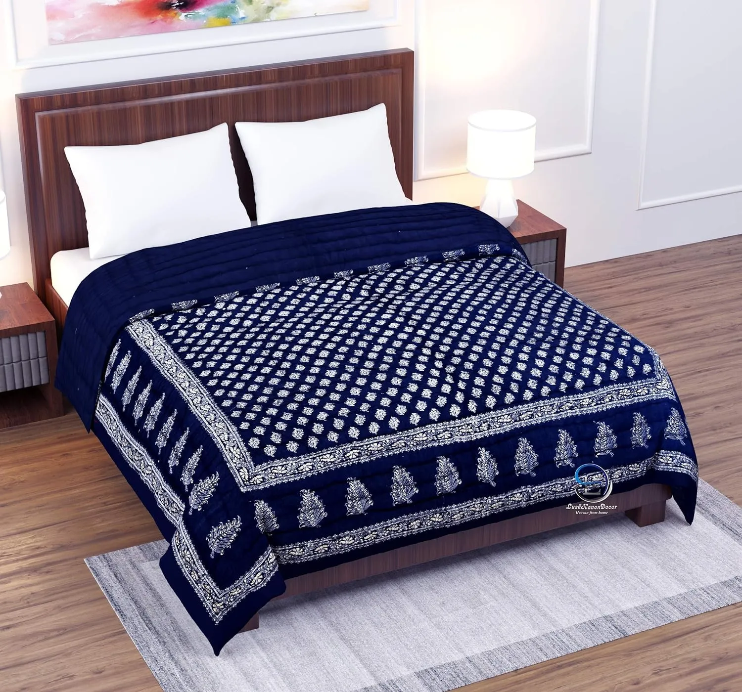 BLOCKSOFJAIPUR 400 TC Jaipuri Razai Light Weight Pure Cotton Traditional Floral Silver Golden Print Design with Gold Print Single Bed Quilt/Rajai (Blue with Daie Gold Print, Single Bed)