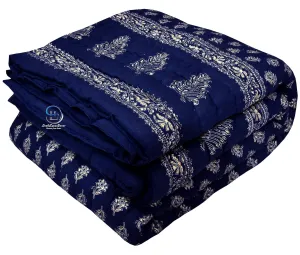 BLOCKSOFJAIPUR 400 TC Jaipuri Razai Light Weight Pure Cotton Traditional Floral Silver Golden Print Design with Gold Print Single Bed Quilt/Rajai (Blue with Daie Gold Print, Single Bed)