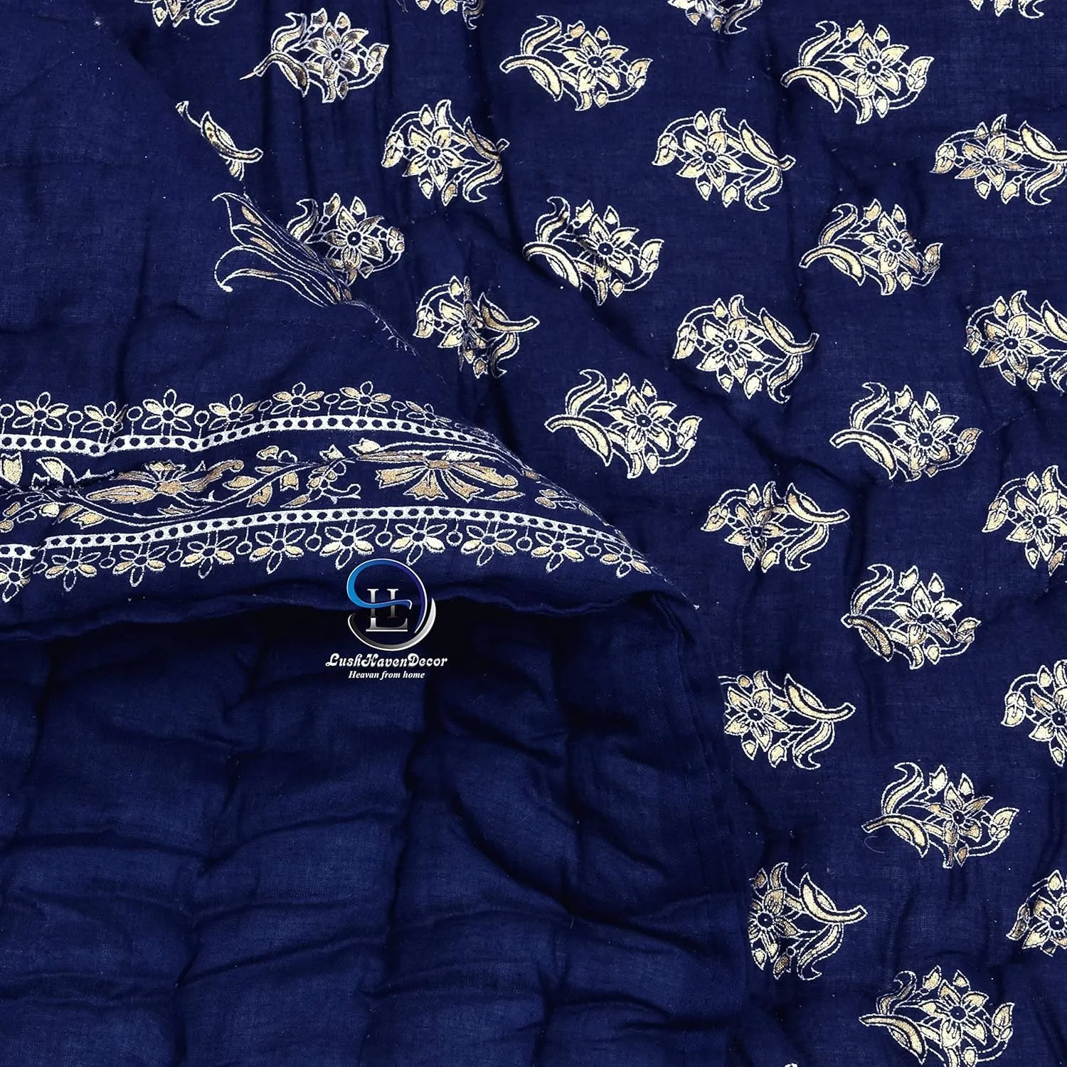 BLOCKSOFJAIPUR 400 TC Jaipuri Razai Light Weight Pure Cotton Traditional Floral Silver Golden Print Design with Gold Print Single Bed Quilt/Rajai (Blue with Daie Gold Print, Single Bed)