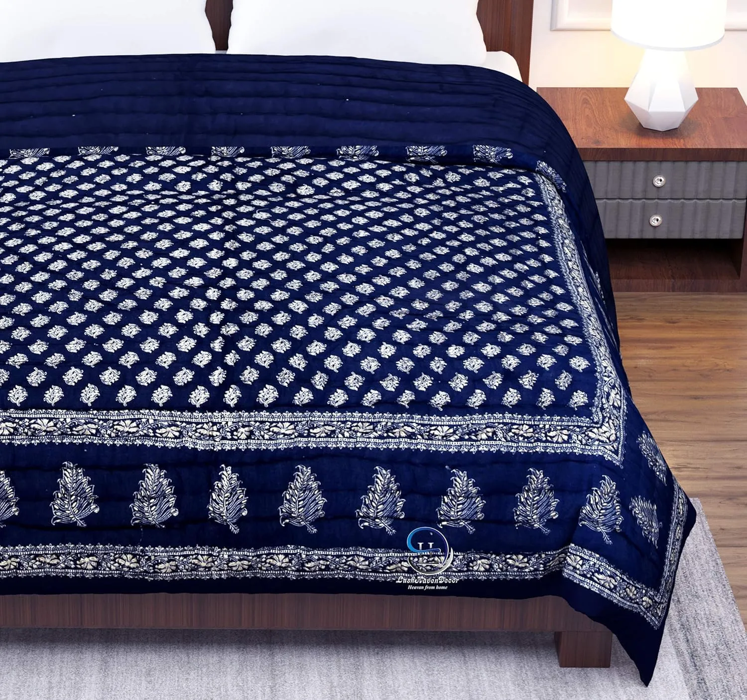 BLOCKSOFJAIPUR 400 TC Jaipuri Razai Light Weight Pure Cotton Traditional Floral Silver Golden Print Design with Gold Print Single Bed Quilt/Rajai (Blue with Daie Gold Print, Single Bed)