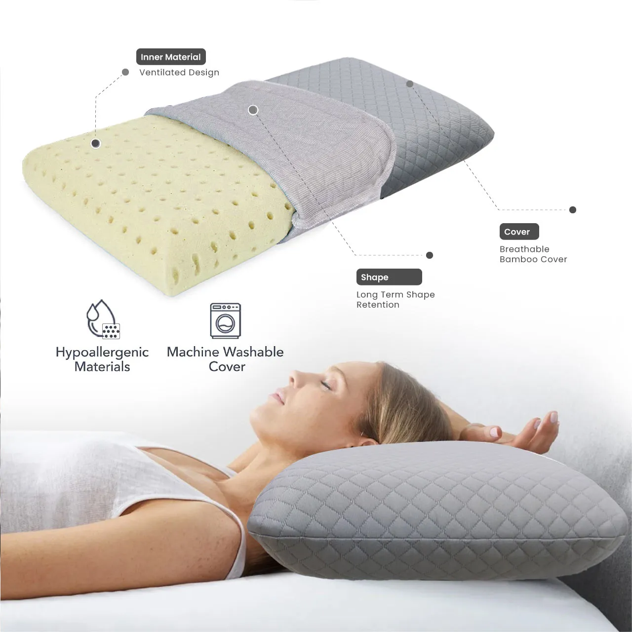 Breathable Memory Foam Pillow 40x60x13cm - Gray