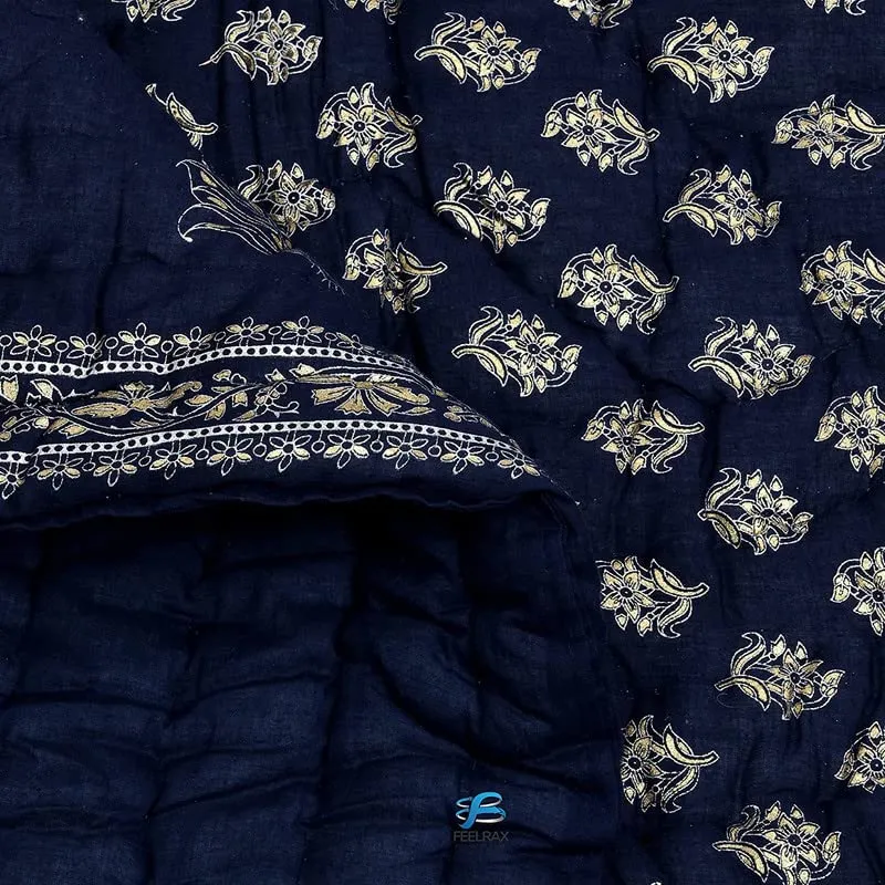 BRULD Jaipuri Razai Rajasthani Traditional Golden Printed Hand Stitched Blanket King Size Winter and Summer Soft Light Weight Ac Quilt Rajai Original Pure Cotton Comforter (Blue, Double Bed)