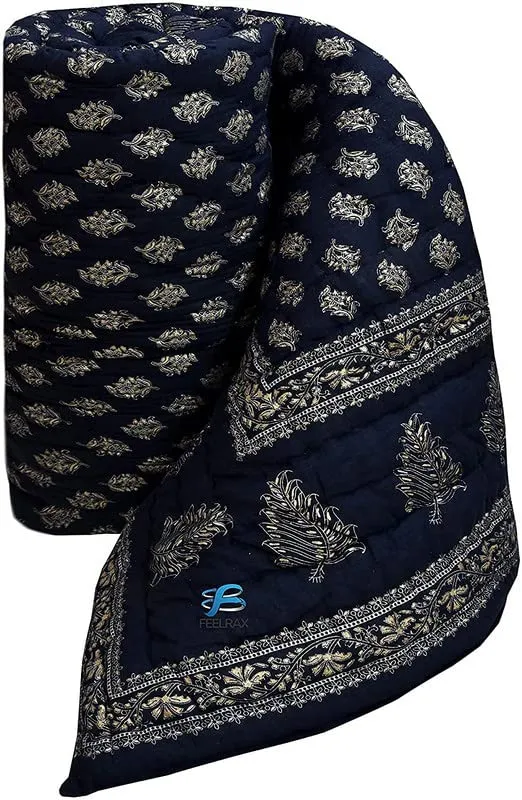 BRULD Jaipuri Razai Rajasthani Traditional Golden Printed Hand Stitched Blanket King Size Winter and Summer Soft Light Weight Ac Quilt Rajai Original Pure Cotton Comforter (Blue, Double Bed)