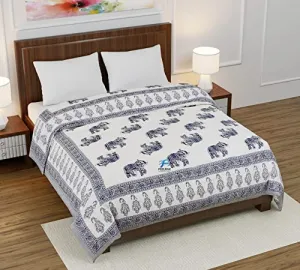 Bruld Original Pure Cotton Jaipuri Razai All-Weather Blue Elephant Print Reversible Double Bed Comforter Light Weight AC Quilt Summer and Winter Bedding | Bedroom | Throw Bed Blanket King Size