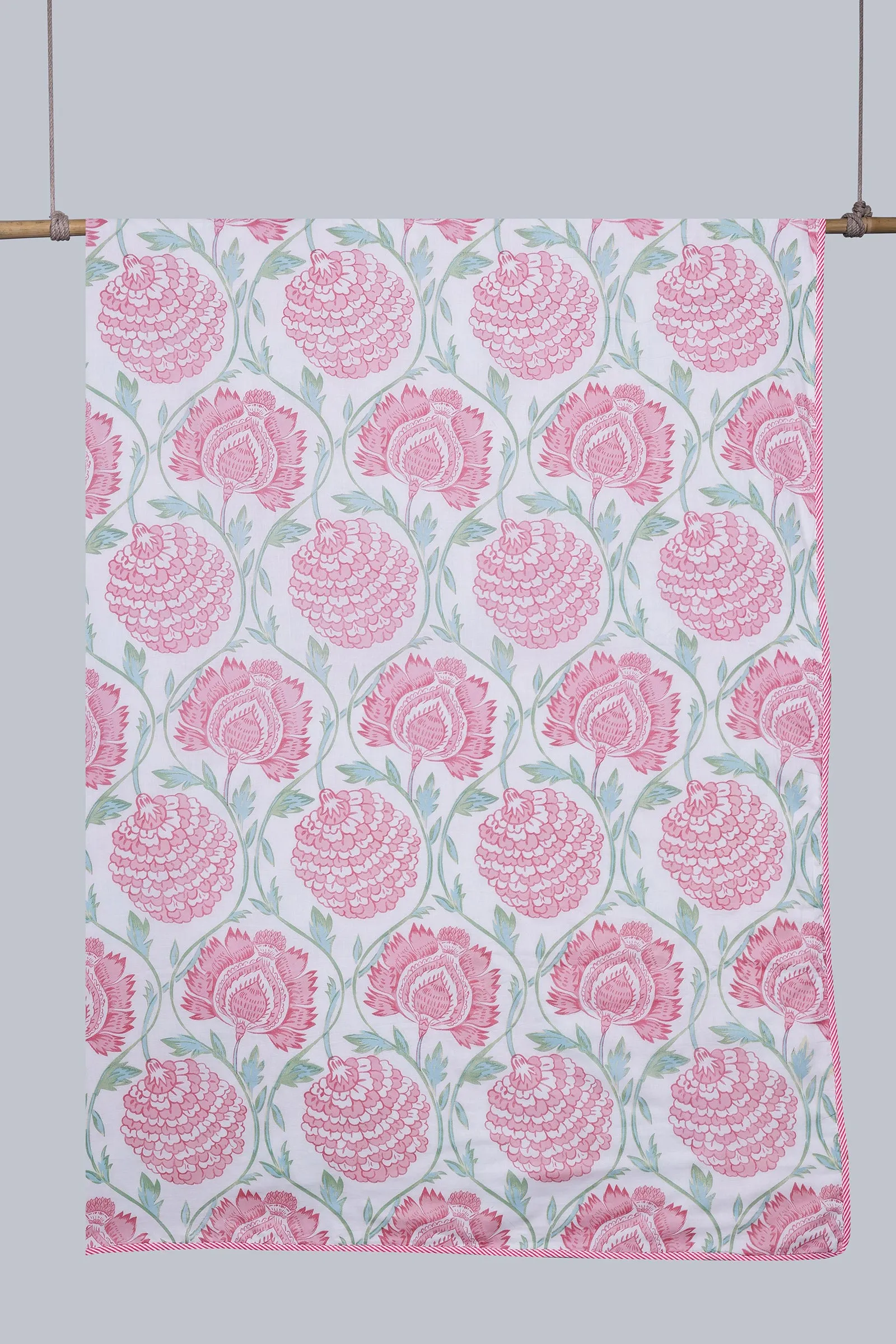 Carnation Vine Pink Reversible Cotton Muslin Dohar