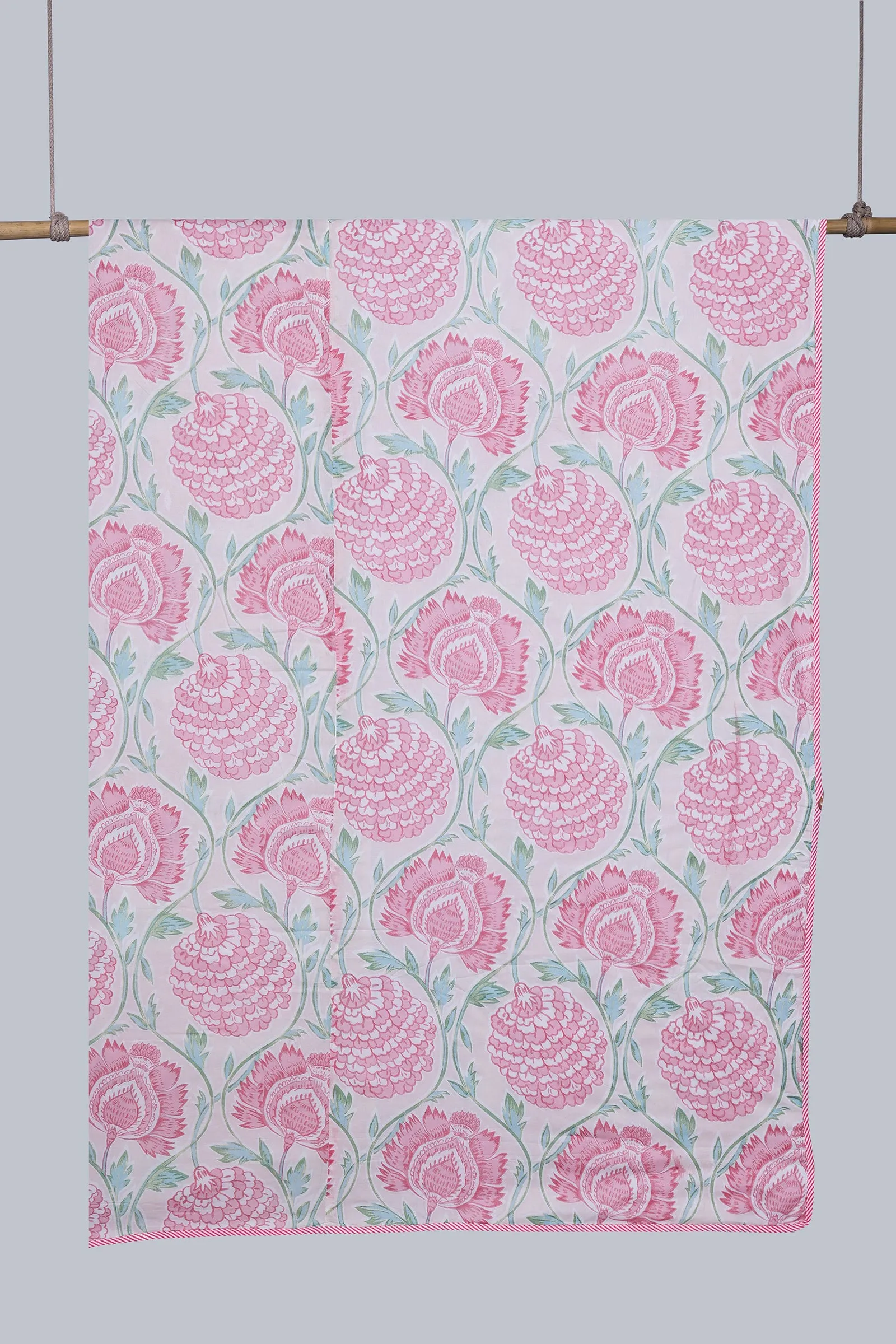 Carnation Vine Pink Reversible Cotton Muslin Dohar