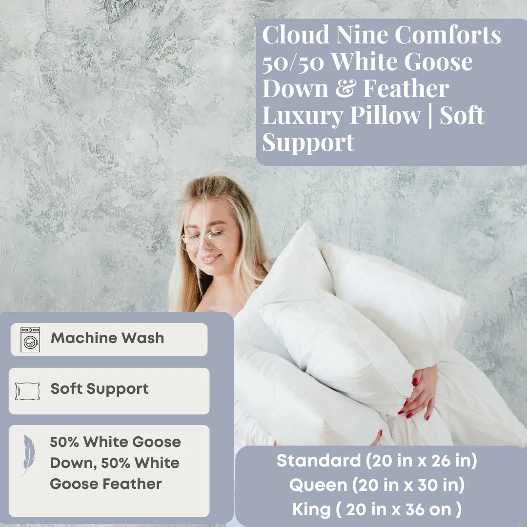 Cloud Nine Comforts 50/50 White Goose Down & Feather Luxury Pillow | Soft Support