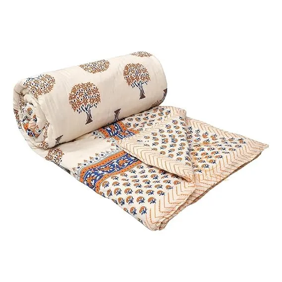 EMIOUR 400 TC Pure Cotton Double Bed Quilt, Jaipuri Light Weight, Big Flower Print, White