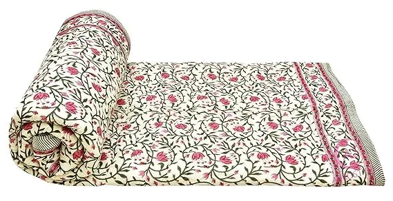 EMIOUR 400 TC Pure Cotton Double Bed Soft Jaipuri AC Quilt/Razai/Rajai Floral Print,Jaipuri razai Double Bed for Winter Printed,(Pink & Green, 85 x 100 inch, Double Bed), Breathable