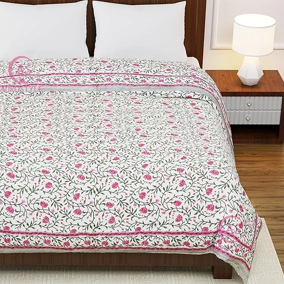 EMIOUR 400 TC Pure Cotton Double Bed Soft Jaipuri AC Quilt/Razai/Rajai Floral Print,Jaipuri razai Double Bed for Winter Printed,(Pink & Green, 85 x 100 inch, Double Bed), Breathable