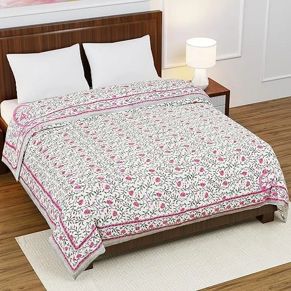 EMIOUR 400 TC Pure Cotton Double Bed Soft Jaipuri AC Quilt/Razai/Rajai Floral Print,Jaipuri razai Double Bed for Winter Printed,(Pink & Green, 85 x 100 inch, Double Bed), Breathable