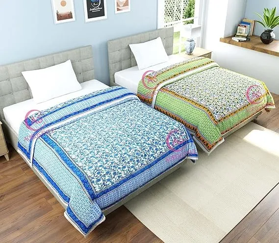 EMIOUR 400 TC Pure Cotton Jaipuri Design Printed Design Printed Light Weight Traditional Rajasthani Single Bed Quilt/Razai/Rajai Single Bed - Set of 2 Combo Set (Design 1)