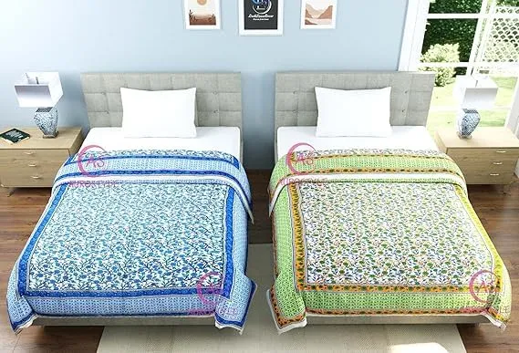 EMIOUR 400 TC Pure Cotton Jaipuri Design Printed Design Printed Light Weight Traditional Rajasthani Single Bed Quilt/Razai/Rajai Single Bed - Set of 2 Combo Set (Design 1)