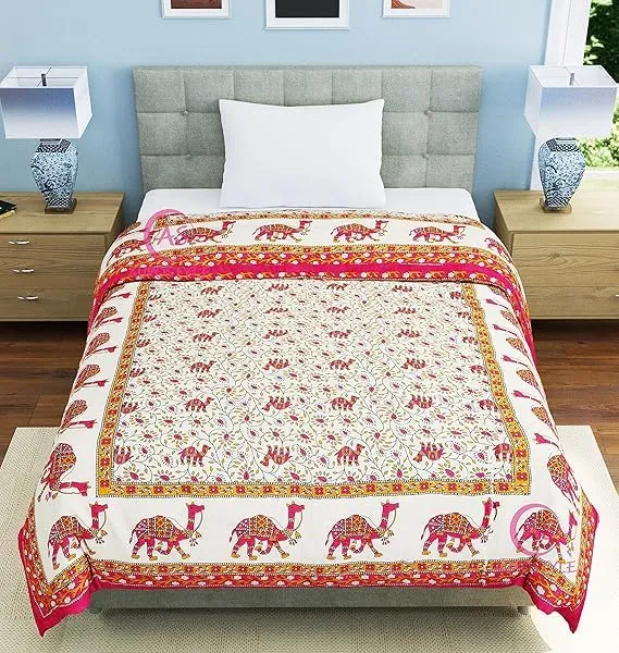 EMIOUR 400 TC Pure Cotton Traditional Jaipuri Design Printed Light Weight Single Bed Quilt/Razai/Rajai - 85 x 55 Inches