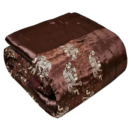 fashhub Rajasthani Cotton Filled Light Weight Silk Soft Jaipuri AC Quilt Dohar Over All Floral Print Design Blankets for Home (85x100 Inch,Brown Elephant Print, Double Bed)