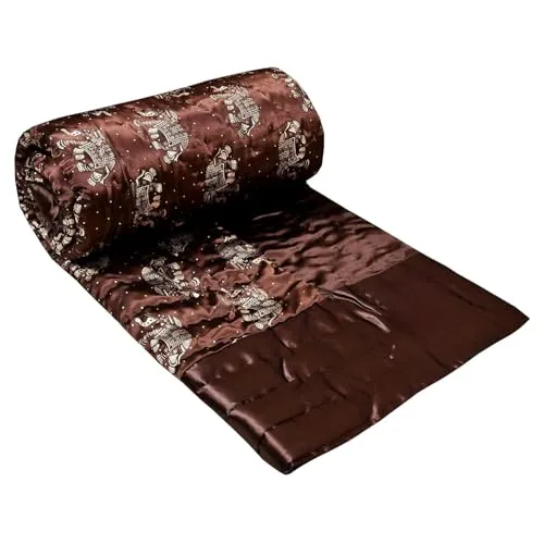 fashhub Rajasthani Cotton Filled Light Weight Silk Soft Jaipuri AC Quilt Dohar Over All Floral Print Design Blankets for Home (85x100 Inch,Brown Elephant Print, Double Bed)