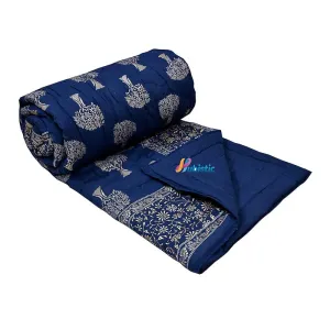 FEELRAX Jaipuri Razai Rajsthani Traditional Hand Stitched Blanket 100% Pure Cotton Blue Silver Gold Printed Bedding Quilt Soft Lightweight Winter and Summer Jaipuri Quilt (Single Bed, 55X85 Inches)