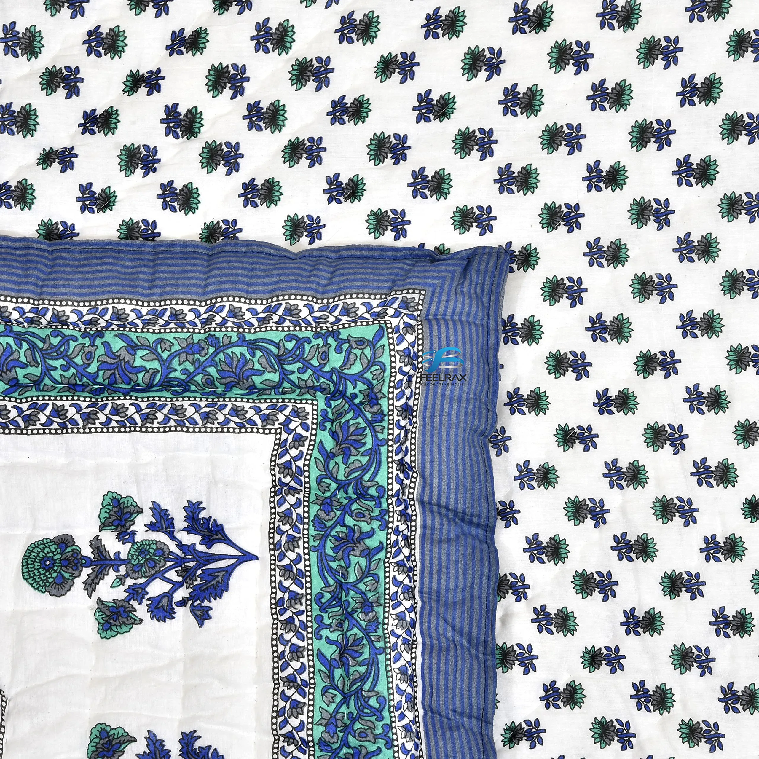 FEELRAX Jaipuri Razai Rajsthani Traditional Hand Stitched Blue Flower Printed Lightweight Pure Cotton Winter and Summer Jaipuri Ac Quilt Razai/Rajai/Blanket/Comforter (Single Bed, 60 X 90 INCHES)