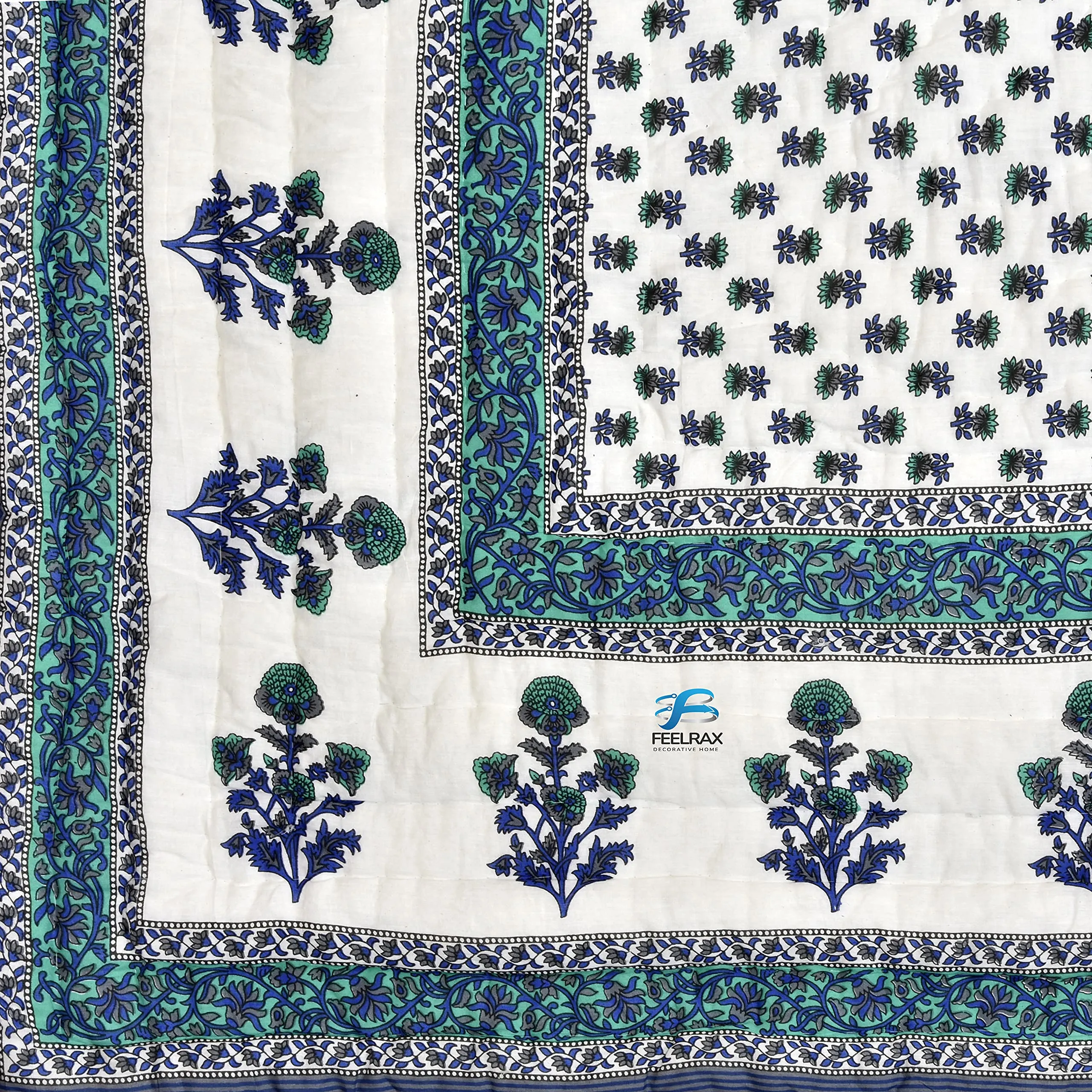 FEELRAX Jaipuri Razai Rajsthani Traditional Hand Stitched Blue Flower Printed Lightweight Pure Cotton Winter and Summer Jaipuri Ac Quilt Razai/Rajai/Blanket/Comforter (Single Bed, 60 X 90 INCHES)