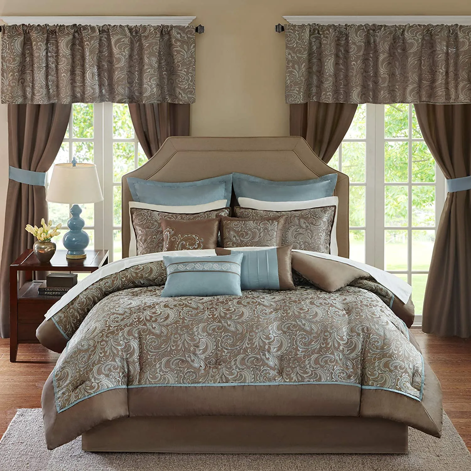 Master Bedroom 24 Piece Room in a Bag Faux Silk Comforter Jacquard Paisley Design Matching Curtains - Down Alternative Hypoallergenic