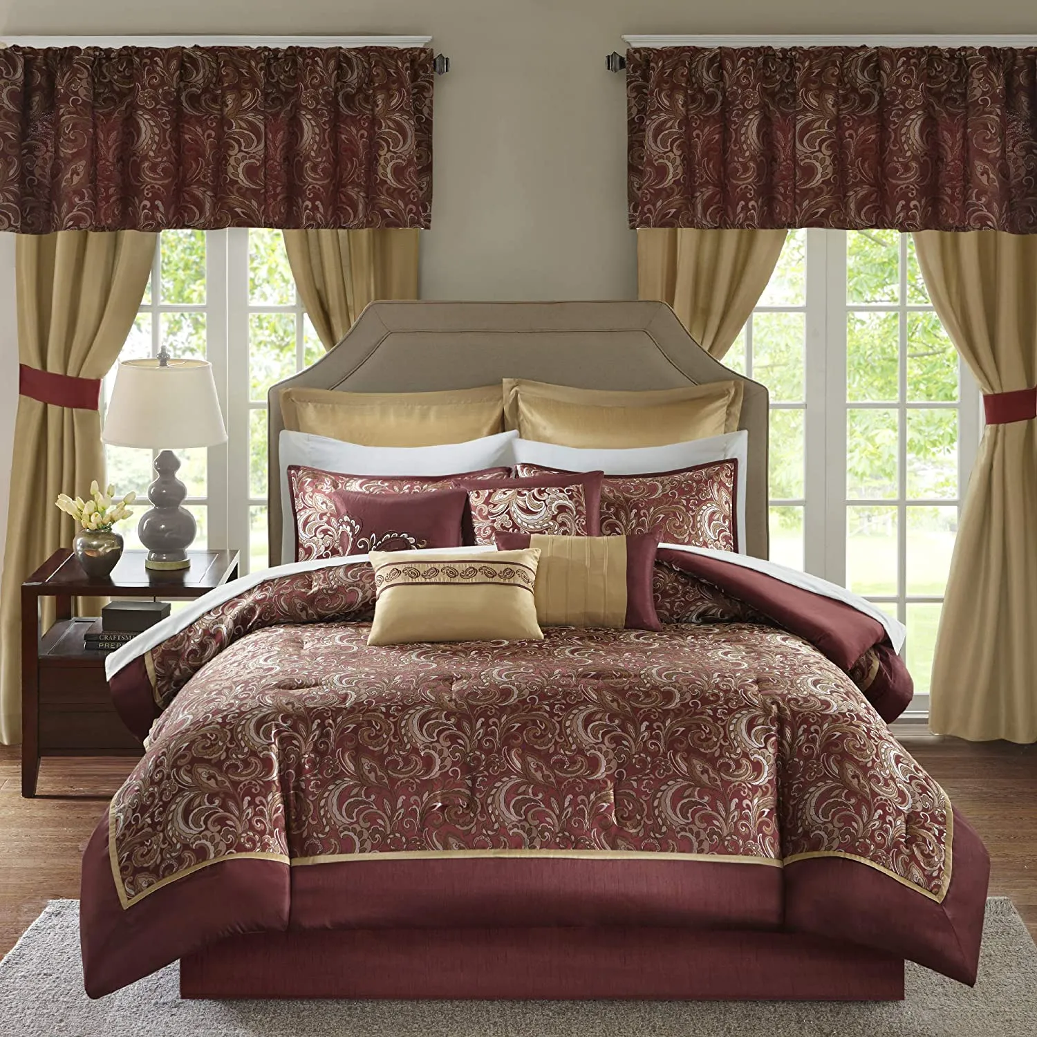 Master Bedroom 24 Piece Room in a Bag Faux Silk Comforter Jacquard Paisley Design Matching Curtains - Down Alternative Hypoallergenic