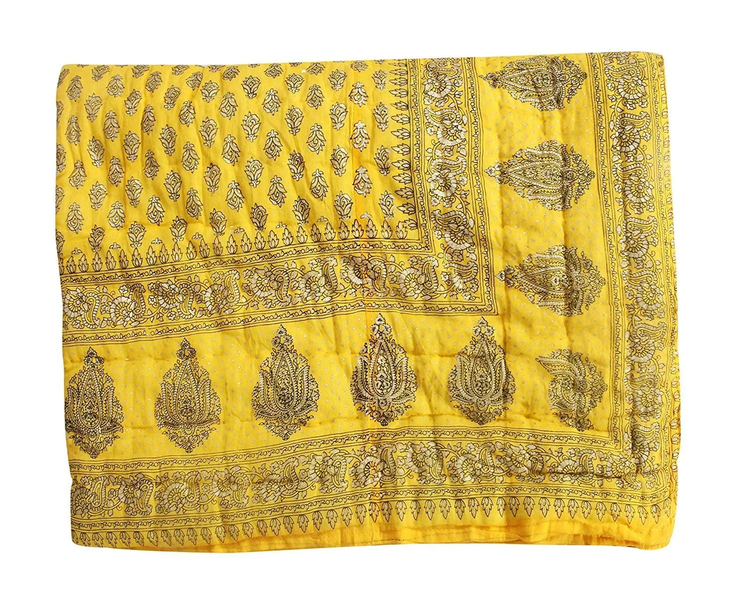 Namaste India QUILTS Silk RAZAI Gold Elephant Printed Double Bed Quilt (Yellow)