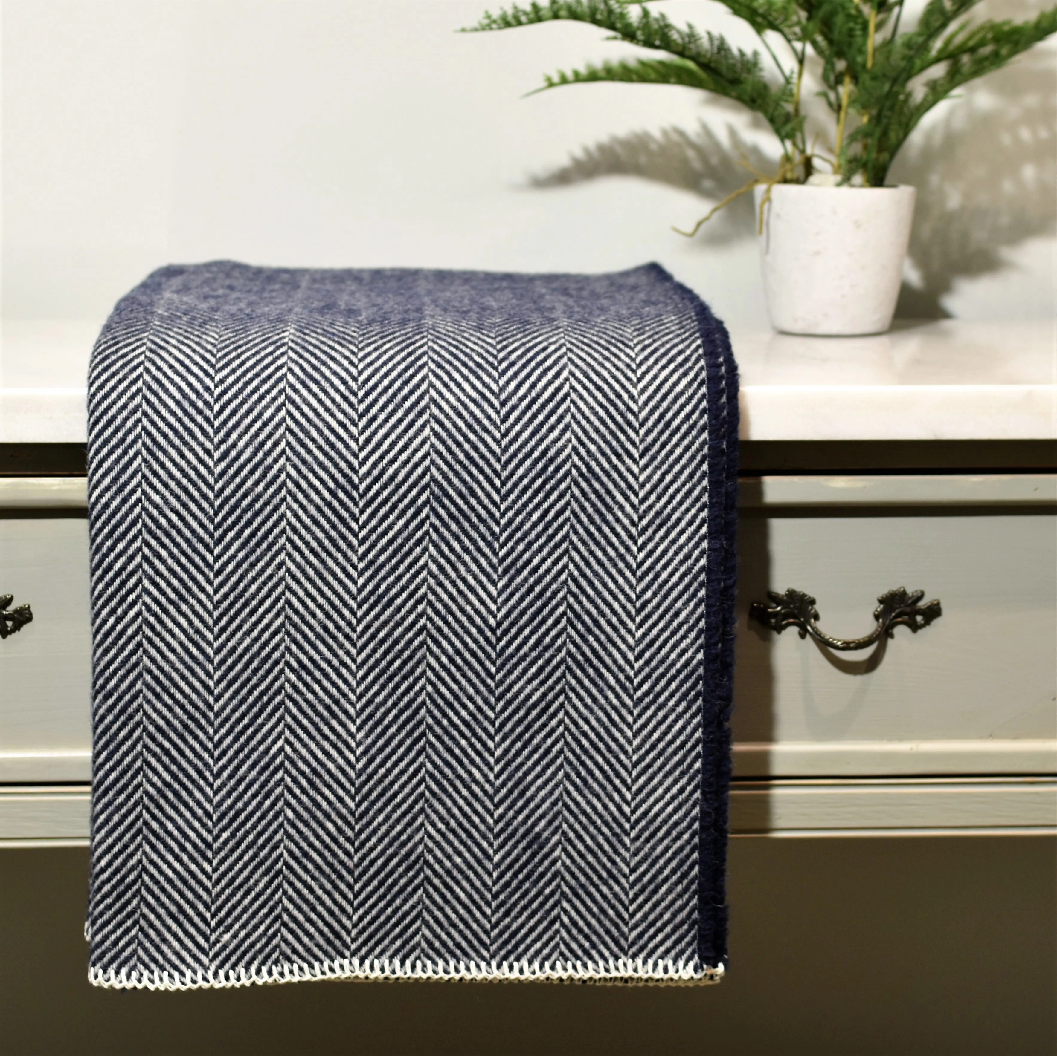 Navy Blue Herringbone Pure Wool Blanket