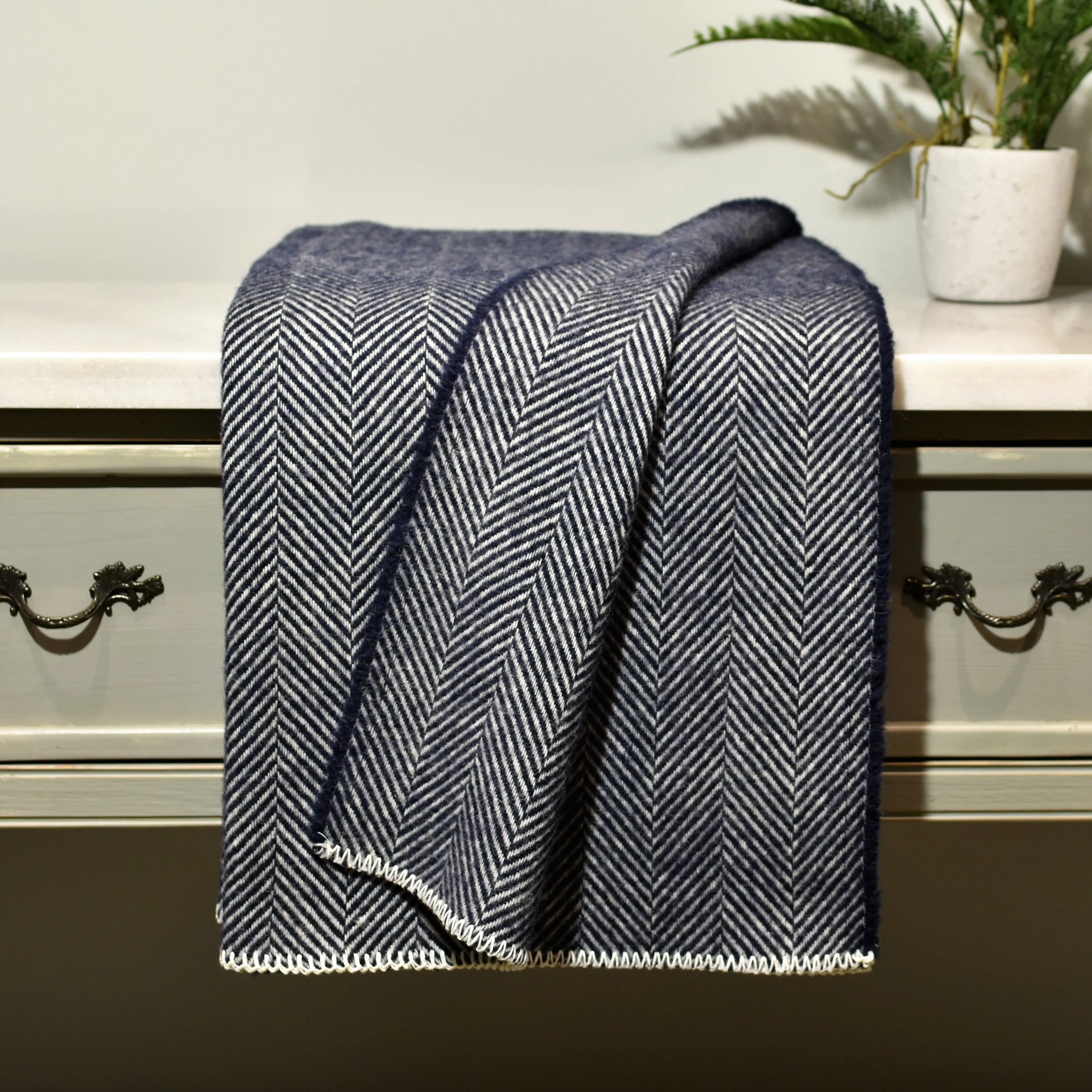 Navy Blue Herringbone Pure Wool Blanket