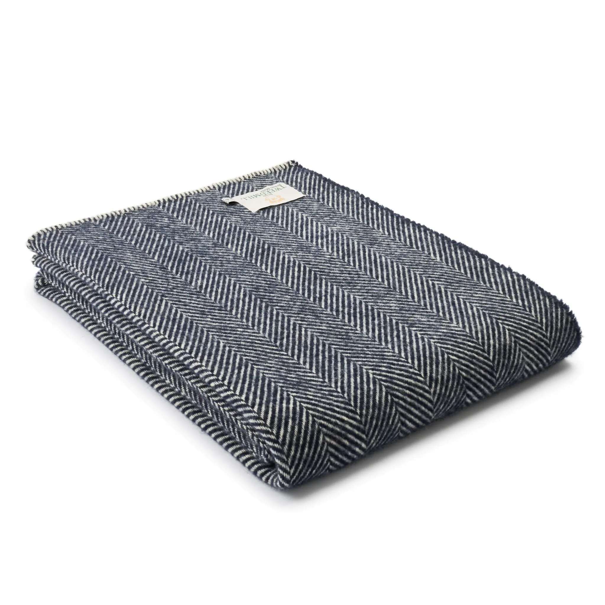 Navy Blue Herringbone Pure Wool Blanket