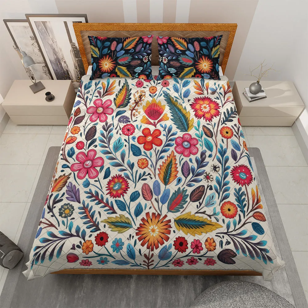 Quilted Bedding Set | Bright Colorful Vibrant Comforters | Floral Mexican Bedspreads with matching Pillowcase