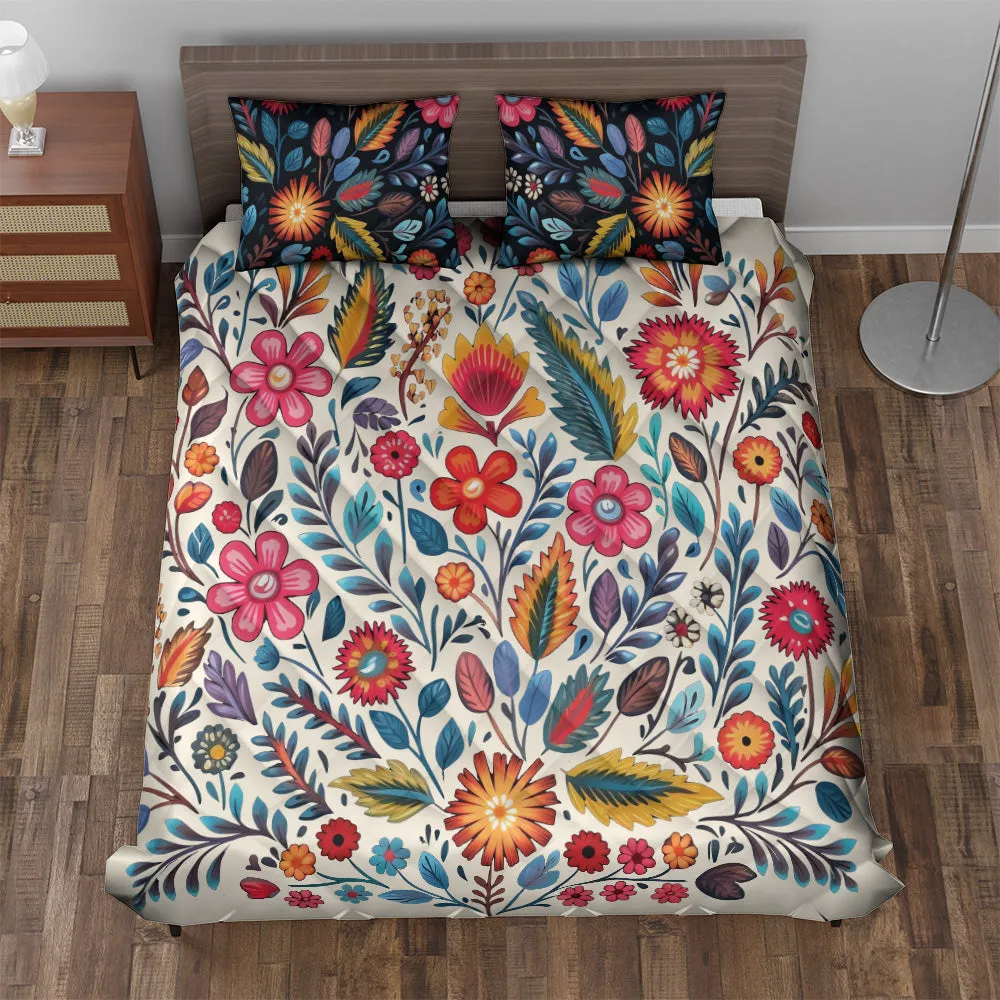 Quilted Bedding Set | Bright Colorful Vibrant Comforters | Floral Mexican Bedspreads with matching Pillowcase